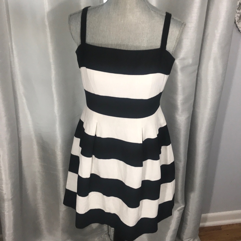 LOFT Black and White Striped Flared Dress